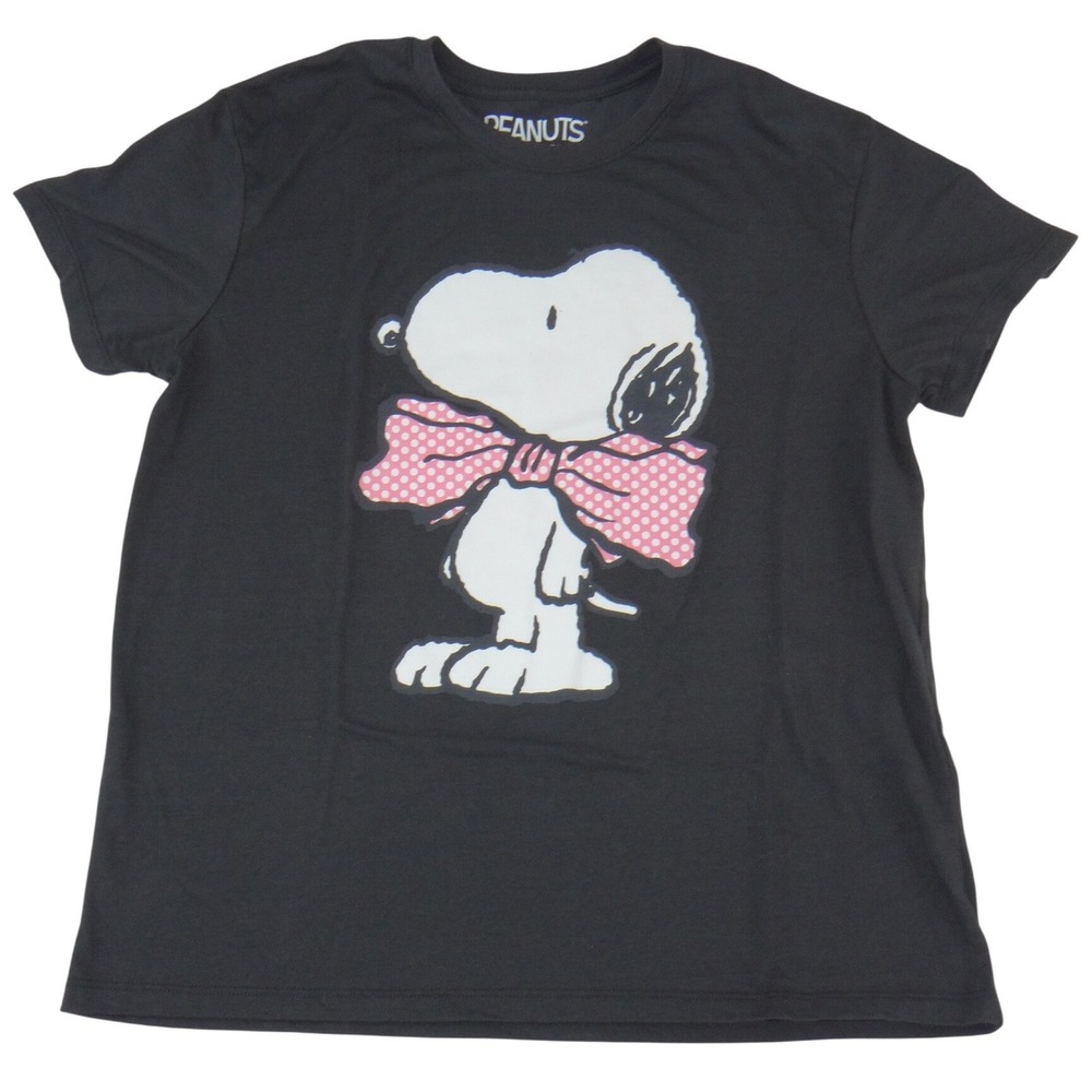 Peanuts Snoopy Graphic T-Shirt XL‎ Black Pink Polka Dot Bow Tie Crewneck Tee